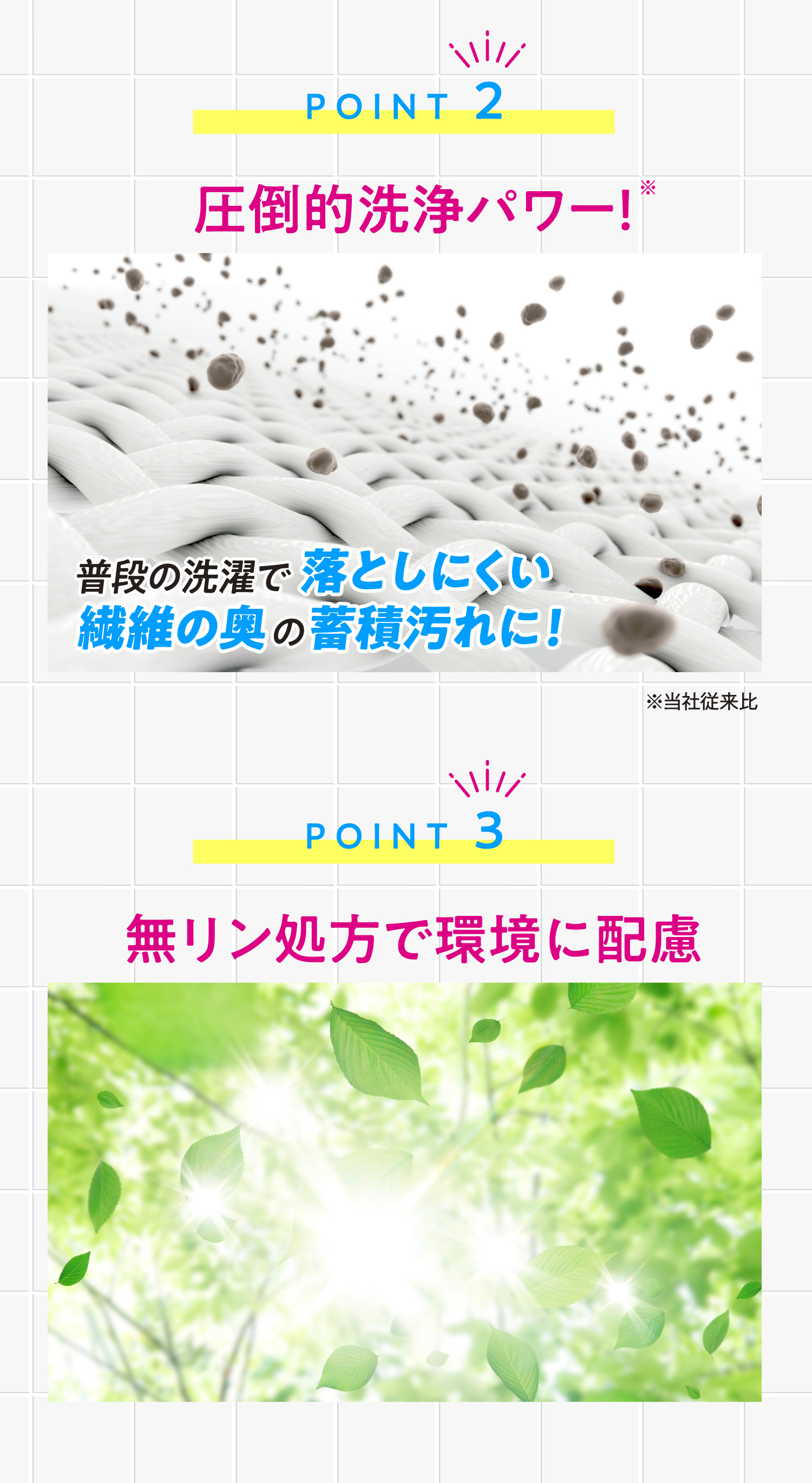 POINT 2 圧倒的洗浄パワー！/ POINT 3 無リン処方で環境に配慮