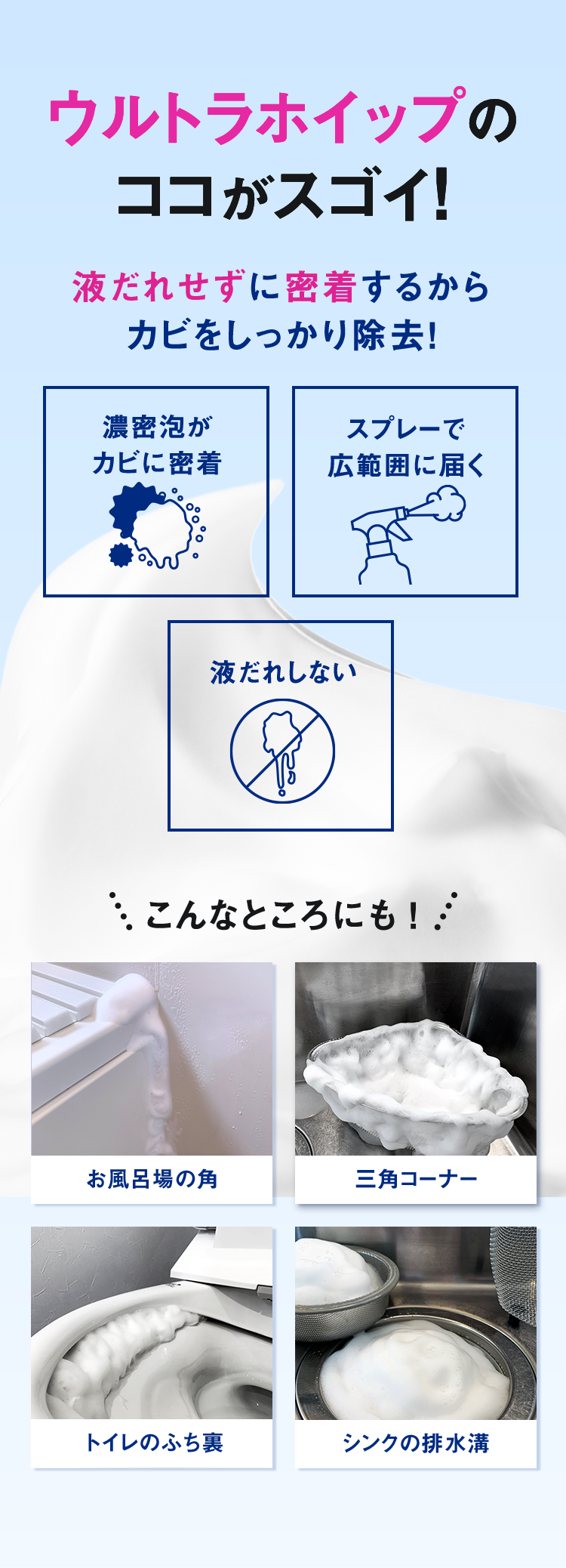 液だれせずに密着するからカビをしっかり除去！