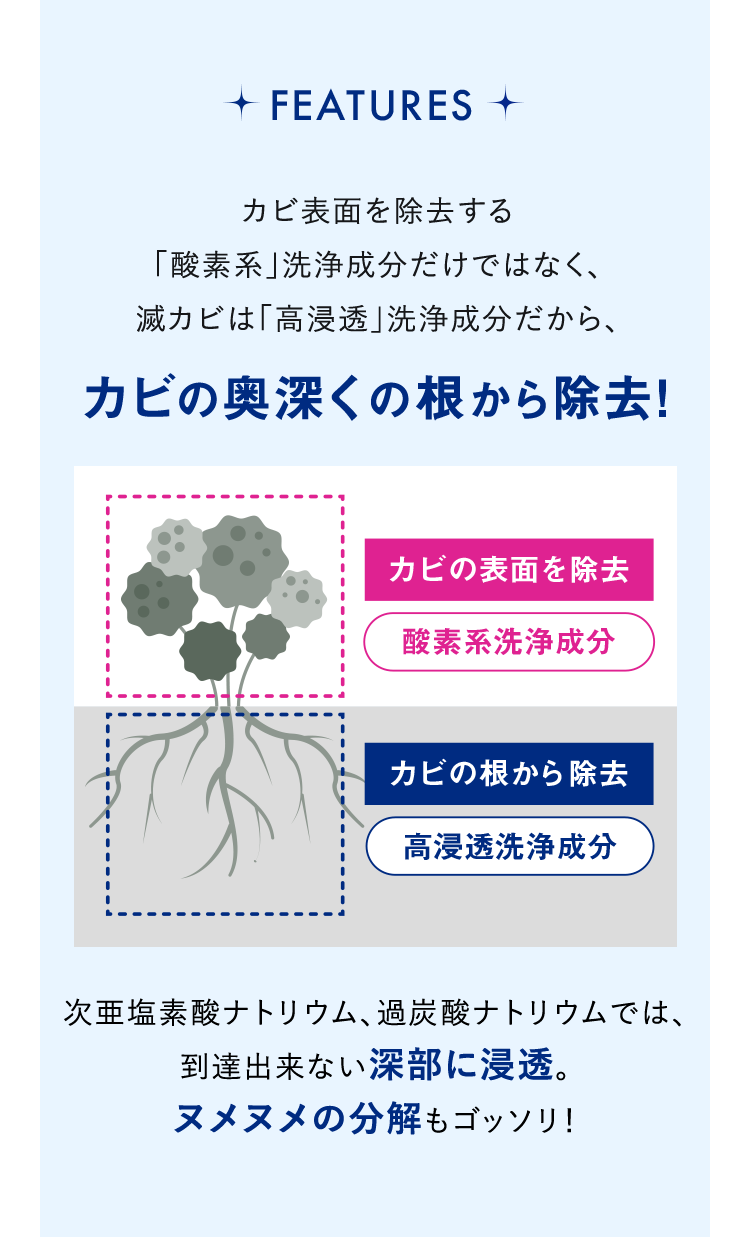 カビ表面を除去する「酵素系」洗浄成分だけではなく、滅カビは「高浸透」洗浄成分だからカビの奥深くの根から除去！