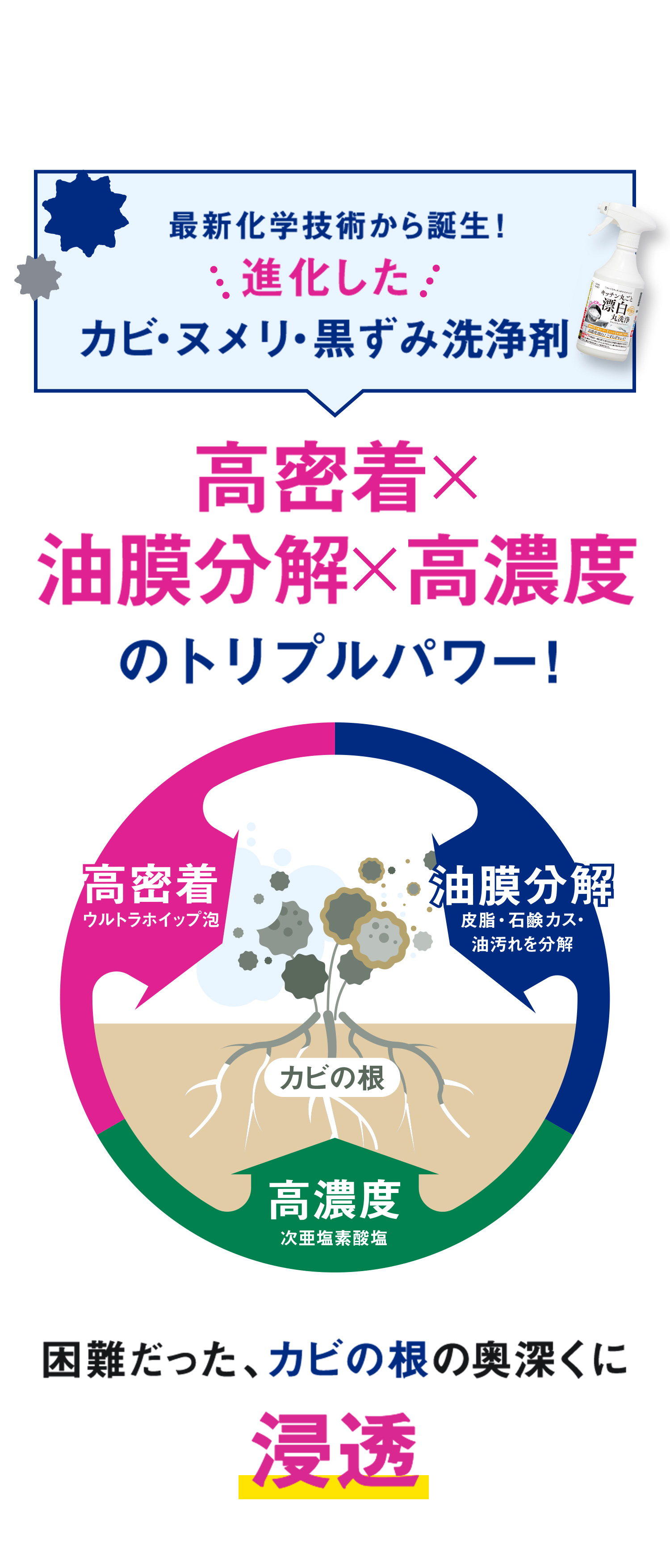 最新科学技術から誕生！進化したカビ洗浄剤　高密着✕油脂分解✕高密度のトリプルパワー！