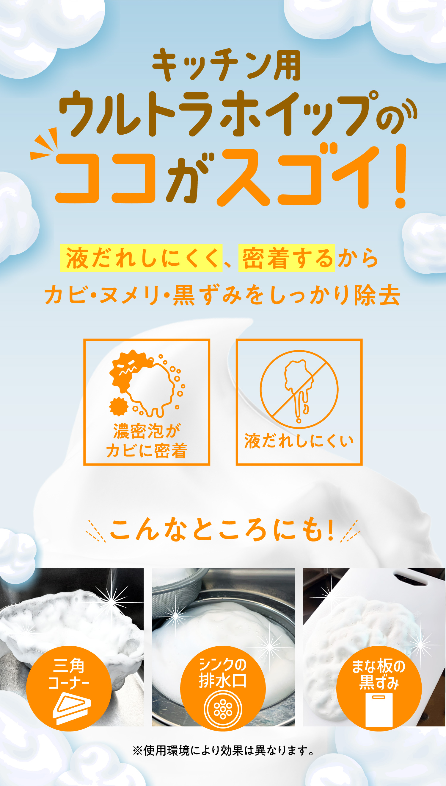 ウルトラホイップスプレーならホイップ泡でしっかりキレイ！